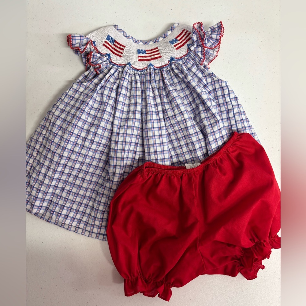 Classic Whimsy Southern Sunshine Smocked 4th of July American flag Set 24 Months
